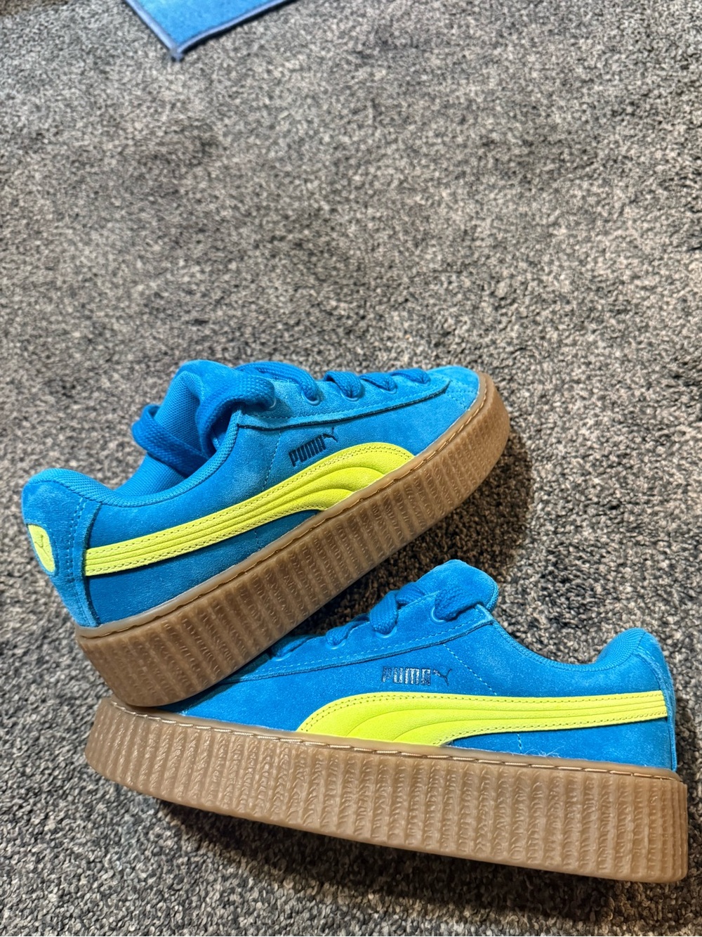 Puma Fenty bright blue suede sneakers with neon yellow stripe